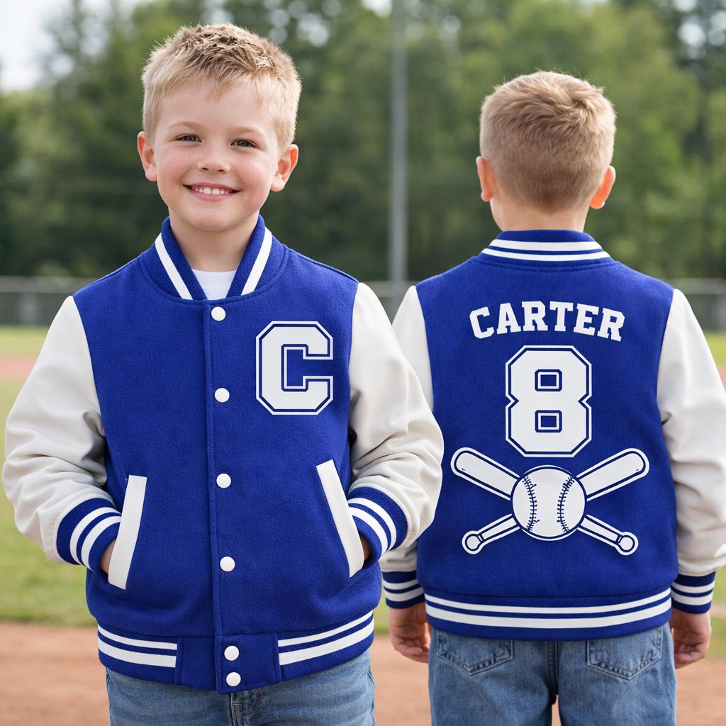 Custom Kids Varsity Jacket, Personalized Name Number Sports Team Apparel