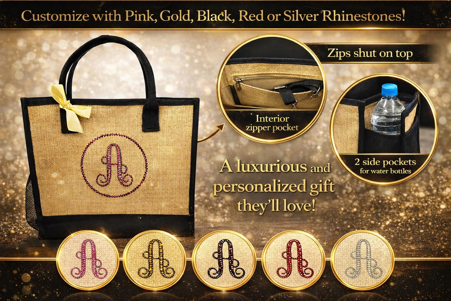 Personalized Jute Tote with Zipper, Custom Rhinestone Name, Large Beach Shoulder Bag for Mom