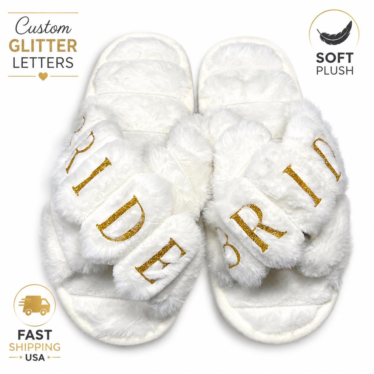 Personalized Bride Slippers: Custom Glitter Lettering, Soft Plush Bridal Shower Gift
