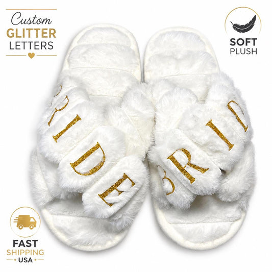 Personalized Bride Slippers: Custom Glitter Lettering, Soft Plush Bridal Shower Gift