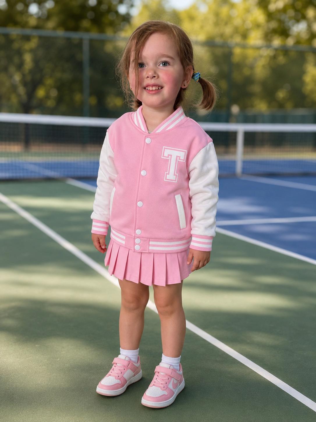 Personalized Kids Varsity Jacket: Custom Name Tennis Letterman Coat – Pink/Blue