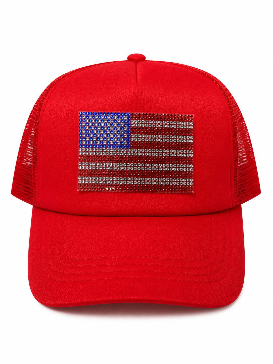 American Flag Trucker Hat, Rhinestone USA Flag Cap, Patriotic Snapback Mesh Hat, 4th of July Hat, Handcrafted in Florida