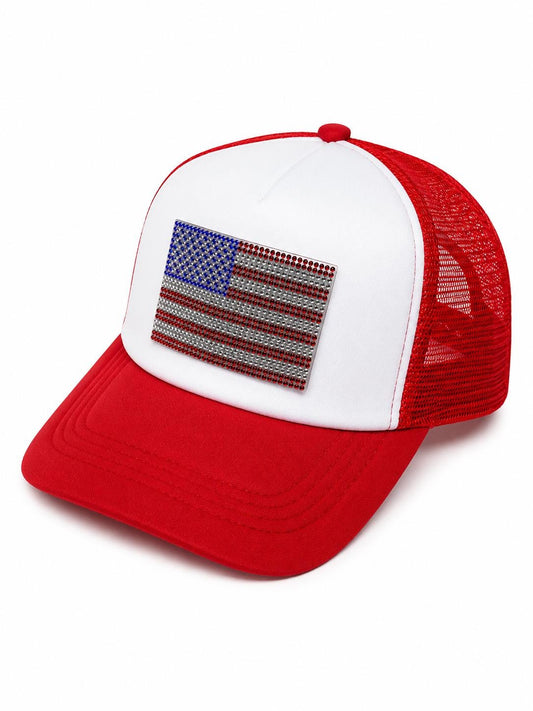 American Flag Trucker Hat, Rhinestone USA Flag Cap, Patriotic Snapback Mesh Hat, 4th of July Hat, Handcrafted in Florida