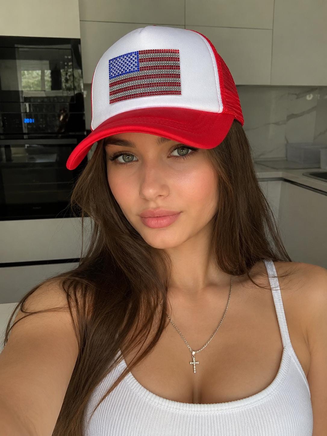 American Flag Trucker Hat, Rhinestone USA Flag Cap, Patriotic Snapback Mesh Hat, 4th of July Hat, Handcrafted in Florida
