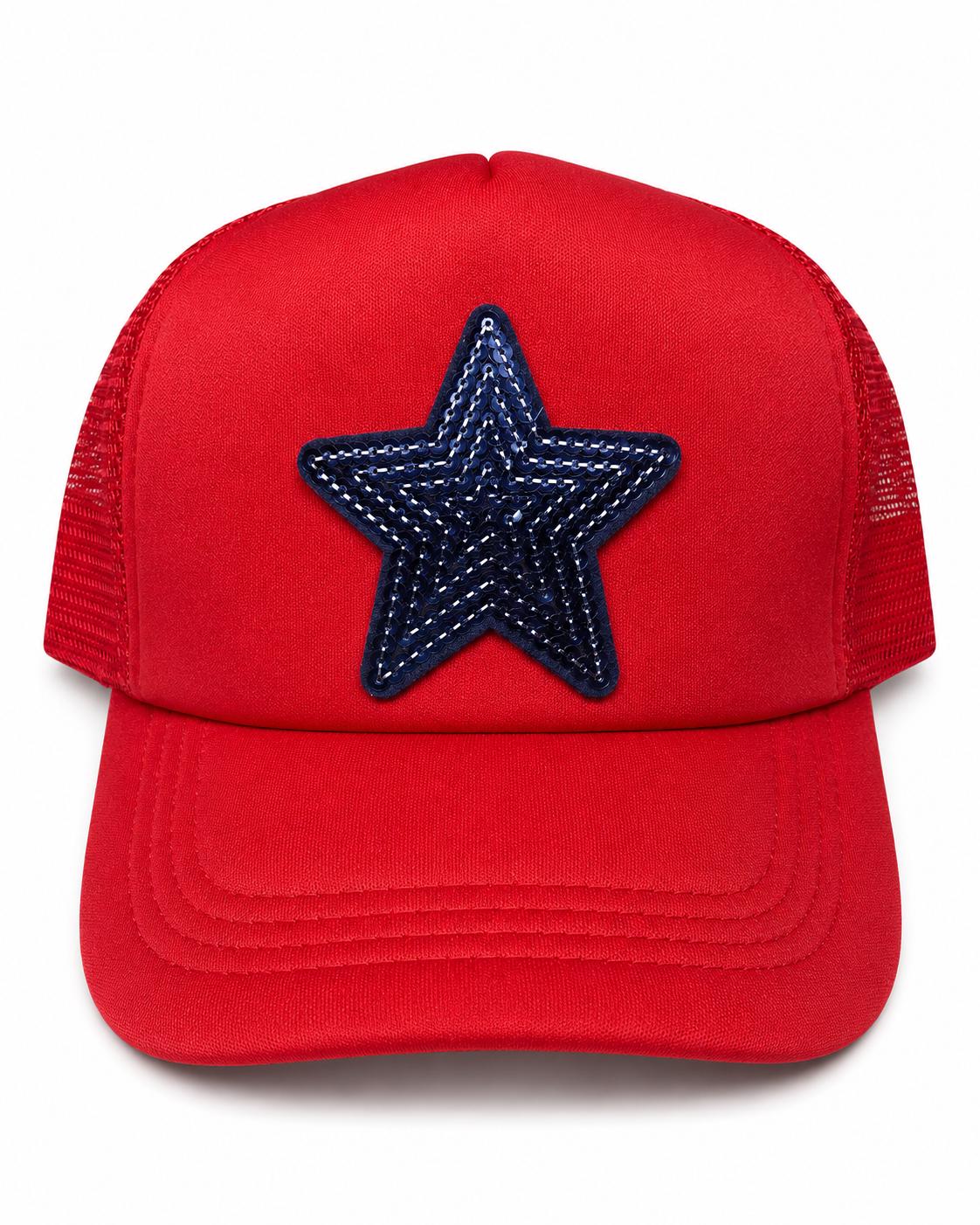 Blue Sequin Star Trucker Hat, Red/White/Blue Mesh Baseball Cap, Sparkly Star Cap, Gift for Women