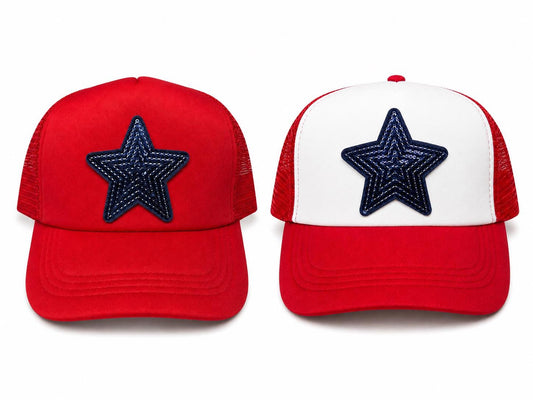 Blue Sequin Star Trucker Hat, Red/White/Blue Mesh Baseball Cap, Sparkly Star Cap, Gift for Women