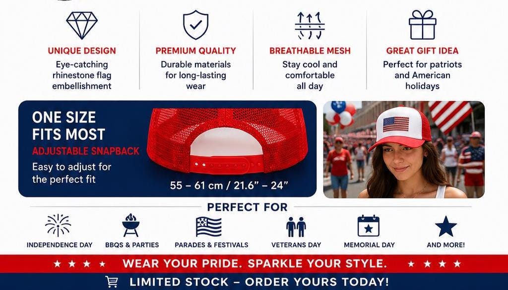 American Flag Trucker Hat, Rhinestone USA Flag Cap, Patriotic Snapback Mesh Hat, 4th of July Hat, Handcrafted in Florida