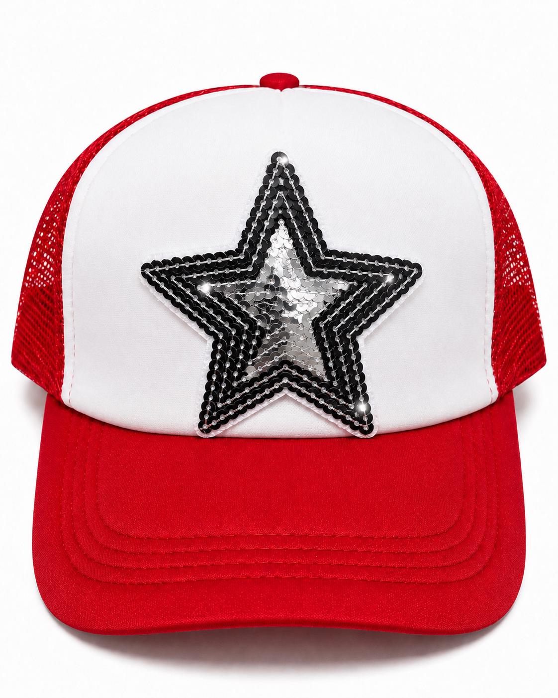 Sequin Star Trucker Hat, Sparkly Baseball Cap, Red Mesh Cap, Patriotic Star Hat, Gift for Her