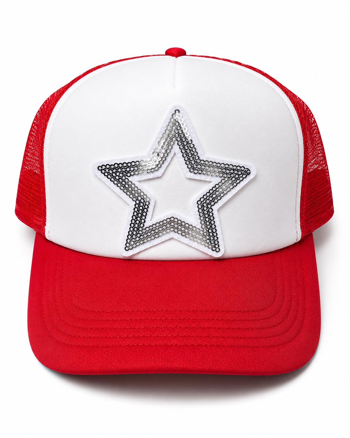 Sequin Star Trucker Hat, Sparkly Baseball Cap, Red Mesh Cap, Patriotic Star Hat, Gift for Her