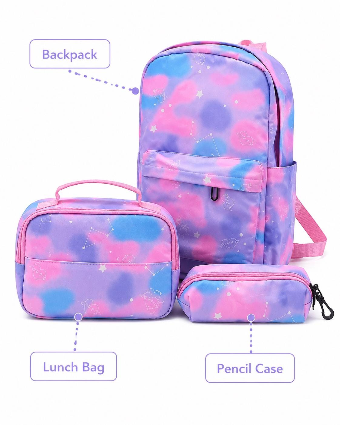 Personalized Galaxy Backpack Set, Kids School Lunch Bag Pencil Case, Monogrammed Backpacks