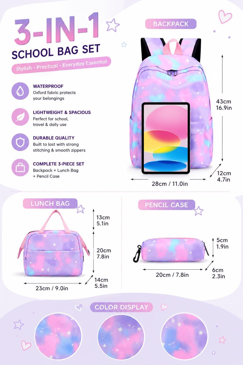 Personalized Galaxy Backpack Set, Kids School Lunch Bag Pencil Case, Monogrammed Backpacks