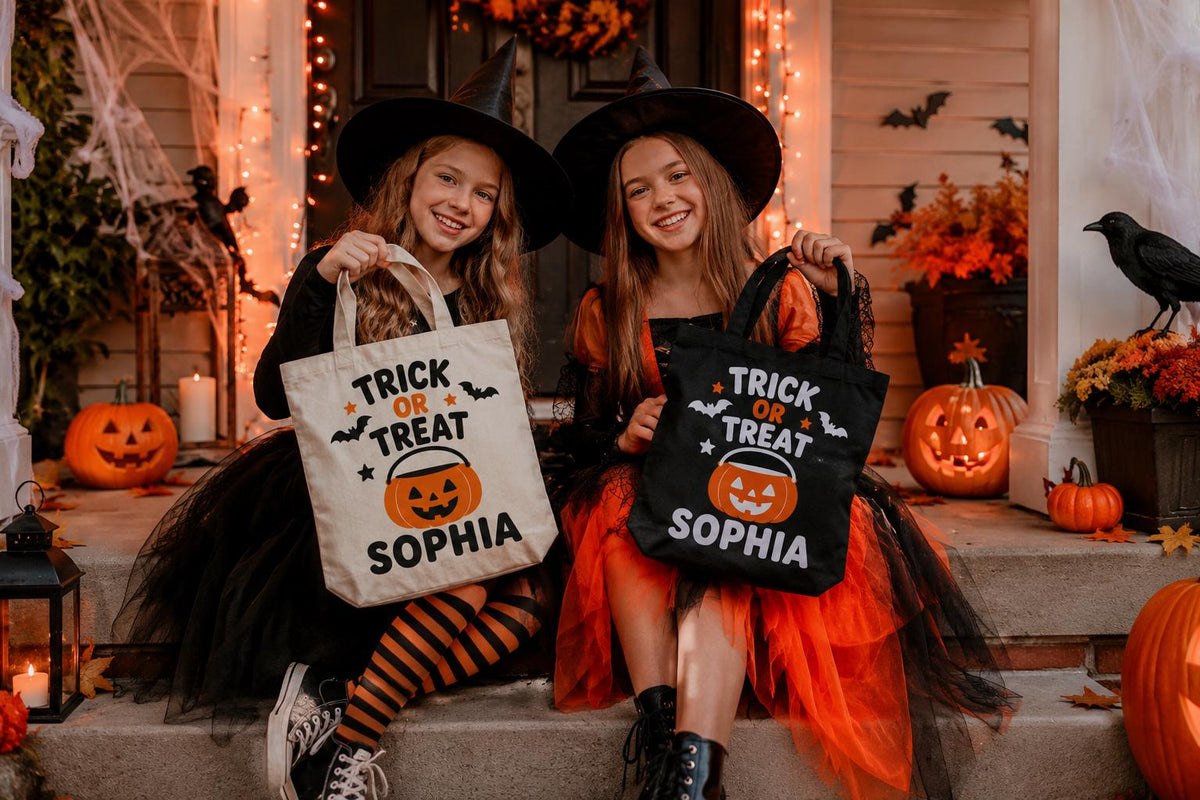 Personalized Halloween Trick or Treat Bag, Custom Name Candy Tote (Reusable)