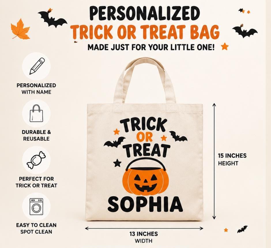 Personalized Halloween Trick or Treat Bag, Custom Name Candy Tote (Reusable)